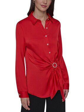 Karl Lagerfeld Paris Women's Long Sleeve Surplice Ring Detail Top Red, Size M